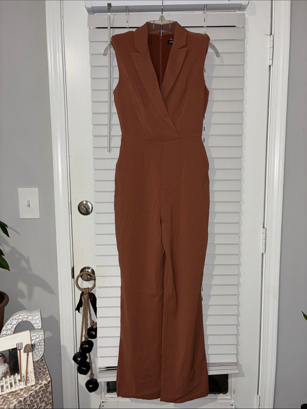 Express Sleeveless V-Neck Jumpsuit in Rust Brown